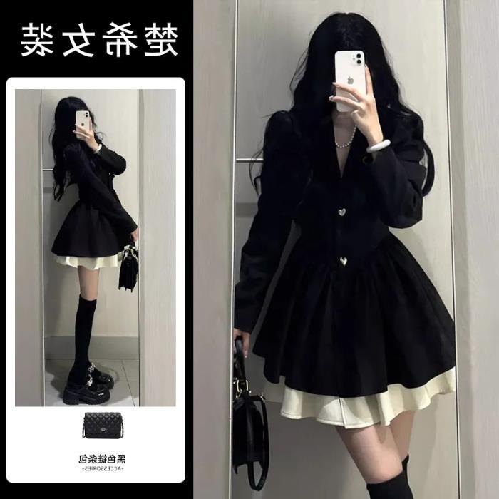 2023 New Hepburn black Chanel style long-sleeved suit dress autumn high-grade small pettiskirt Black