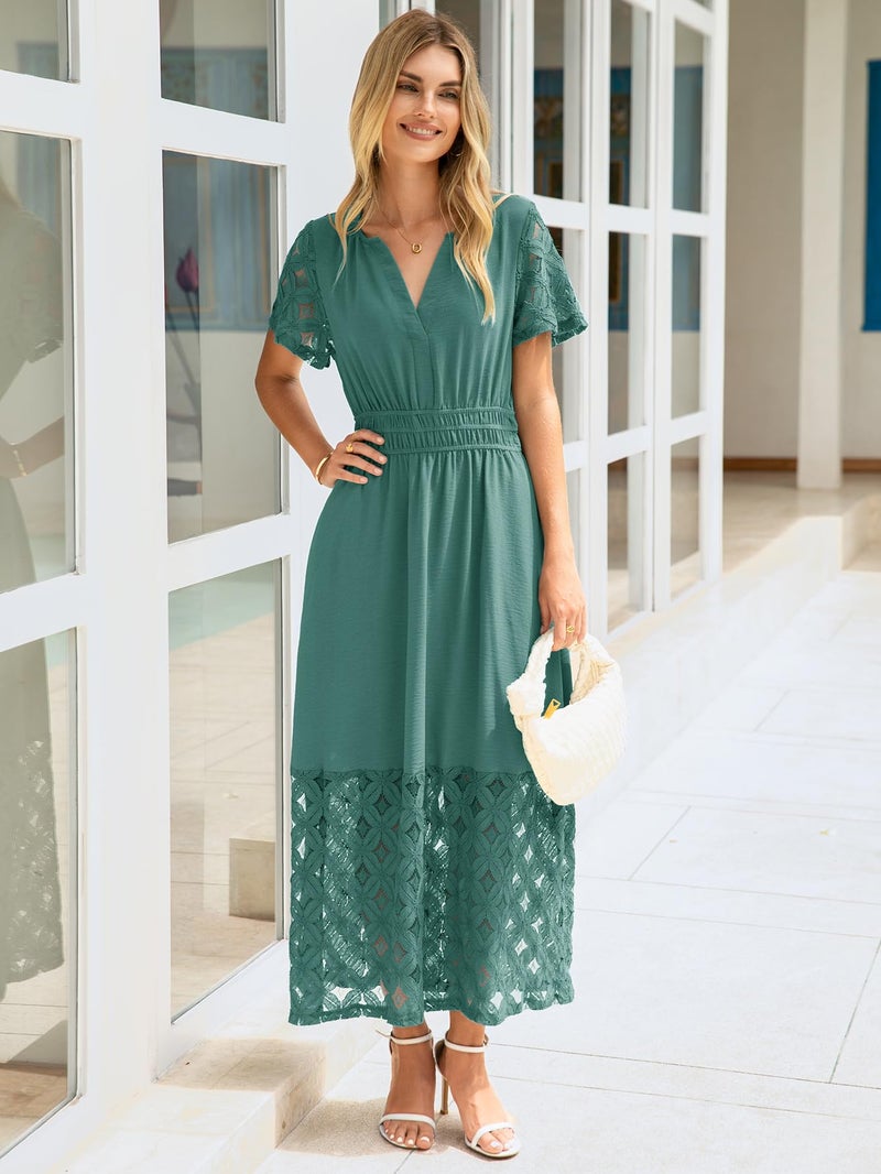 Simplee Apparel Simplee Womens Semi Formal Maxi Dress - Flowy V Neck Empire Waist Long Lace Boho Dresses for Summer Wedding Guest (Teal XL) - Image 2