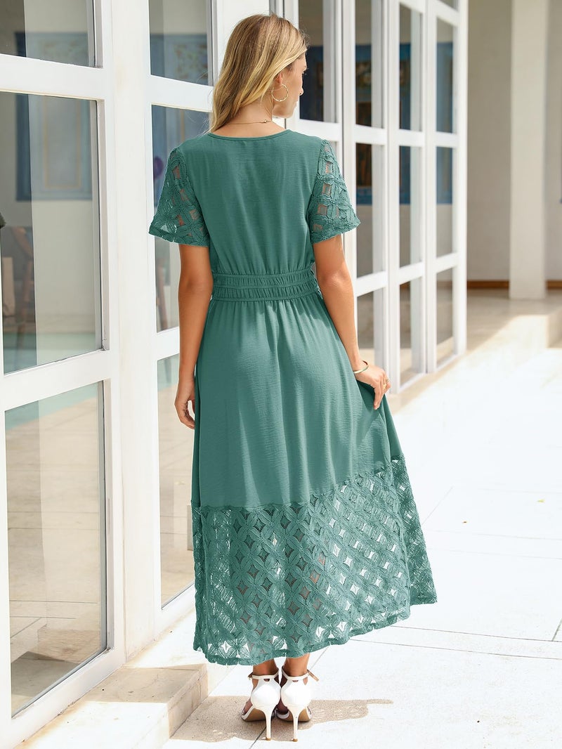 Simplee Apparel Simplee Womens Semi Formal Maxi Dress - Flowy V Neck Empire Waist Long Lace Boho Dresses for Summer Wedding Guest (Teal XL) - Image 5