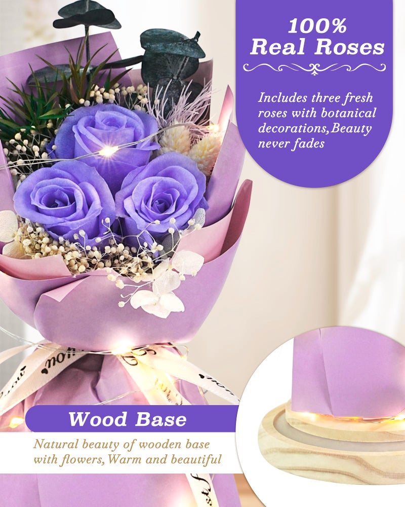 HVY Preserved Flower Bouquet Gift for Her,Forever Fresh Flowers for Delivery Prime Preserved Roses in Glass with LED Light Mothers Day Birthday Gifts for Mom,Wife,Grandma, Purple Rose - Image 2