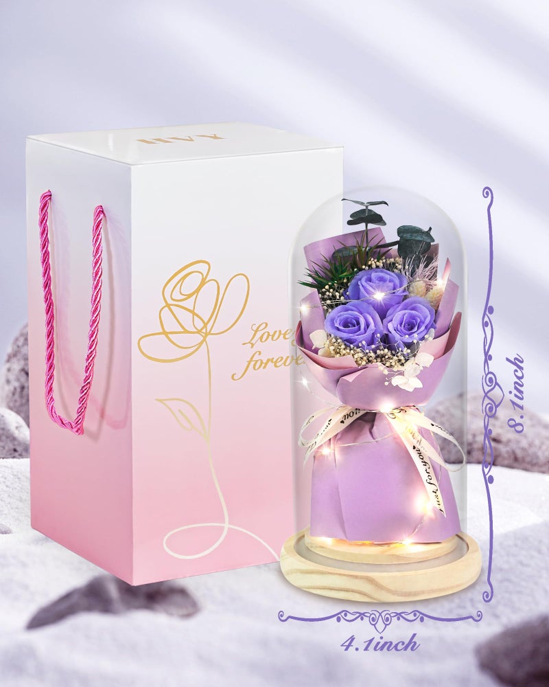 HVY Preserved Flower Bouquet Gift for Her,Forever Fresh Flowers for Delivery Prime Preserved Roses in Glass with LED Light Mothers Day Birthday Gifts for Mom,Wife,Grandma, Purple Rose - Image 3