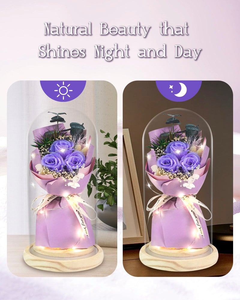 HVY Preserved Flower Bouquet Gift for Her,Forever Fresh Flowers for Delivery Prime Preserved Roses in Glass with LED Light Mothers Day Birthday Gifts for Mom,Wife,Grandma, Purple Rose - Image 5