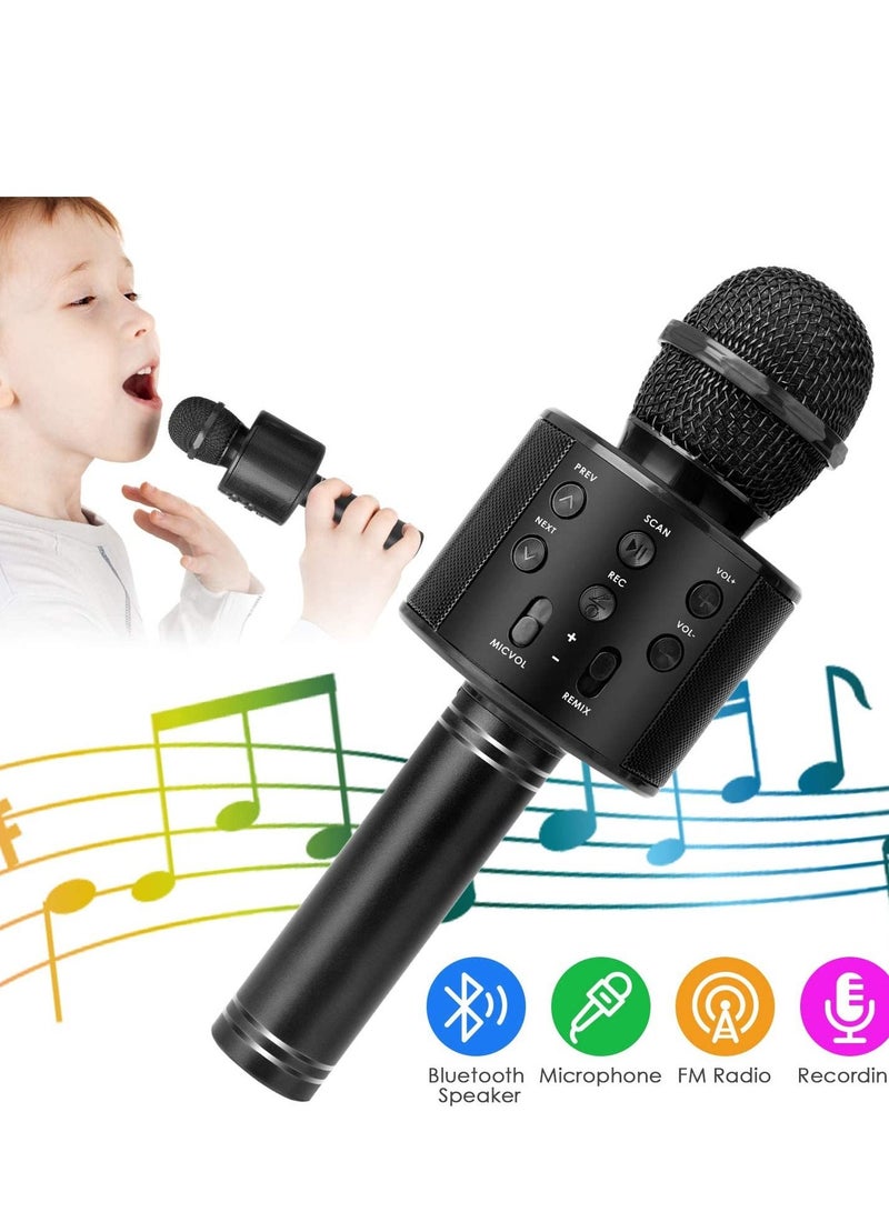 Wireless Bluetooth Karaoke Microphone for Kids, 5-in-1 Portable Handheld Karaoke Mic Speaker Player Recorder with Adjustable Remix FM Radio for Kids Girls Boys Teens Birthday (858-Black) - Image 5