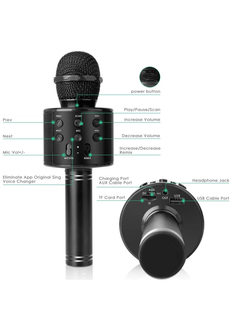 Wireless Bluetooth Karaoke Microphone for Kids, 5-in-1 Portable Handheld Karaoke Mic Speaker Player Recorder with Adjustable Remix FM Radio for Kids Girls Boys Teens Birthday (858-Black) - Image 1