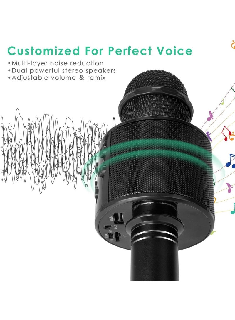 Wireless Bluetooth Karaoke Microphone for Kids, 5-in-1 Portable Handheld Karaoke Mic Speaker Player Recorder with Adjustable Remix FM Radio for Kids Girls Boys Teens Birthday (858-Black) - Image 2