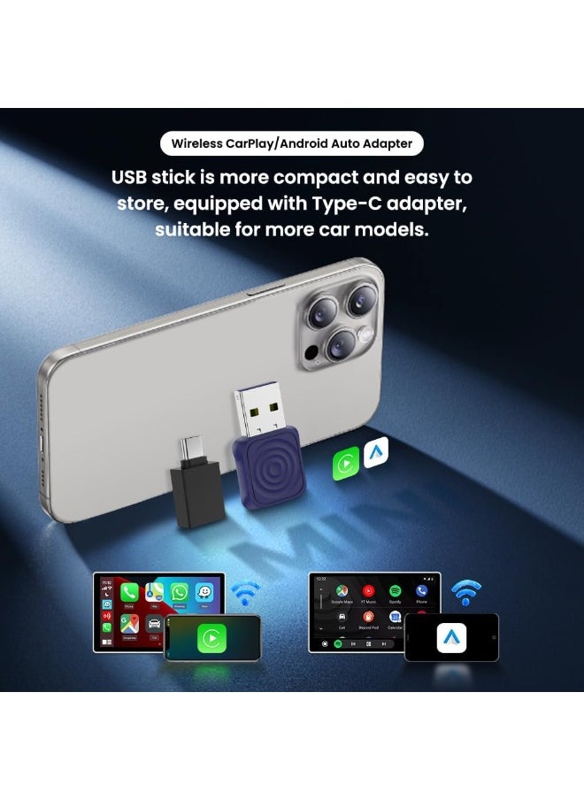 2 in 1 Wireless CarPlay Adapter, Mini Wireless Converter for iPhone and Android, Converts Wired CarPlay and Android Auto to Wireless, Plug and Play, Ultra Mini Design
