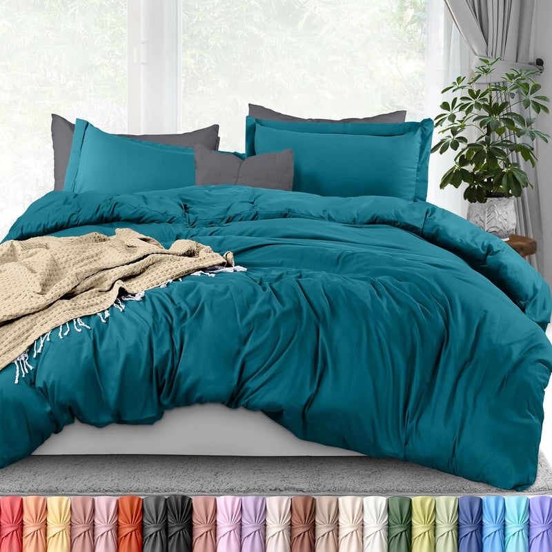 طقم غطاء لحاف من Utopia Bedding مقاس كوين - 1 غطاء لحاف مع 2 غطاء وسادة - 3 قطعة غطاء لحاف بإغلاق بسحاب - مايكروفايبر ممشط فائق النعومة، 90 × 90 بوصة (كوين، أزرق جينز) - Image 1