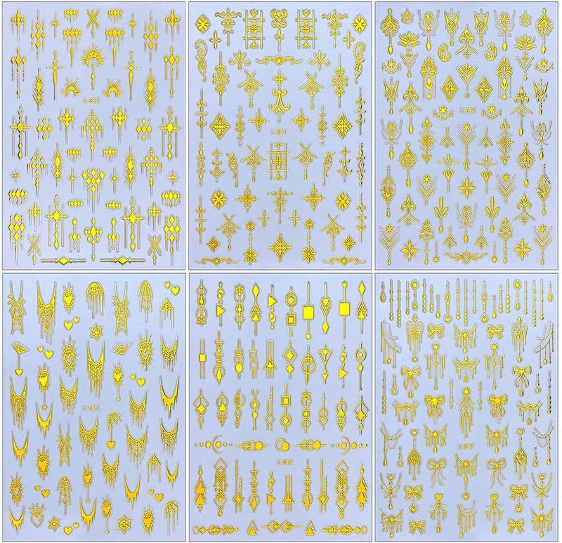 Maigitur 6Sheets Gold Nail Stickers BOH Nail Decals Star Lines Nail Designs Vintage Totem Nails Supplies 3D Self-Adhesive Retro Lace Nails Art Stickers for Women DIY Manicure - Image 2