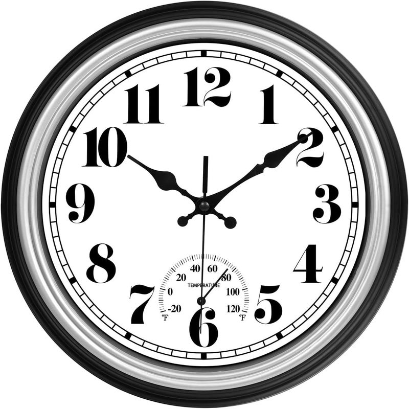 JENLYSTIME ساعة حائطية رترو مقاومة للماء من بقياس 12 بوصة، تحتوي على مقياس حرارة، تعمل ببطارية كوارتز بدون صوت، سهلة القراءة ومناسبة للديكور في المطبخ أو الشرفة أو الحمام أو الشرفة أو حوض السباحة (لون فضي). - Image 1