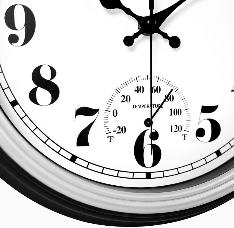 JENLYSTIME ساعة حائطية رترو مقاومة للماء من بقياس 12 بوصة، تحتوي على مقياس حرارة، تعمل ببطارية كوارتز بدون صوت، سهلة القراءة ومناسبة للديكور في المطبخ أو الشرفة أو الحمام أو الشرفة أو حوض السباحة (لون فضي). - Image 3