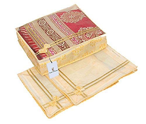 Kuber Industries Clothes Organizer for Wardrobe (Pack of 3) - Single Storage Organizer for Saree | Salwar | Lehenga and Clothes - Dress Organizer for Wardrobe - Single Saree Covers with Zip (Gold) - Image 3