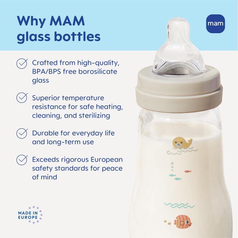 MAM 9oz Premium Glass Wide Neck Baby Bottle with Medium Flow Breastfeeding-Like Silicone Nipple, Easy to Clean, BPA Free, 2+ Months, Easy Switch Between Breast and Bottle, Made in Europe, 3 Pack - Image 3