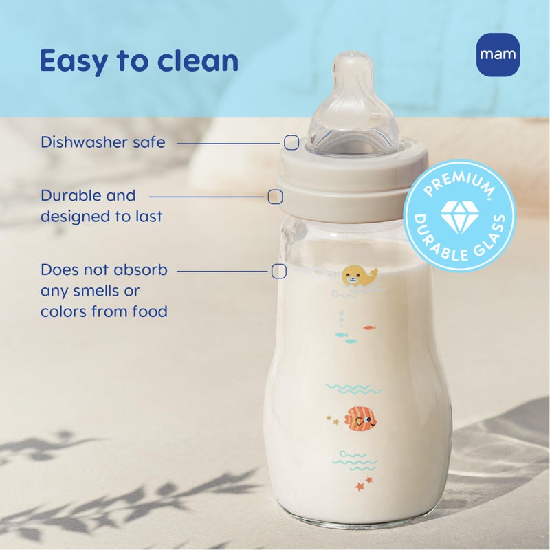 MAM 9oz Premium Glass Wide Neck Baby Bottle with Medium Flow Breastfeeding-Like Silicone Nipple, Easy to Clean, BPA Free, 2+ Months, Easy Switch Between Breast and Bottle, Made in Europe, 3 Pack - Image 5