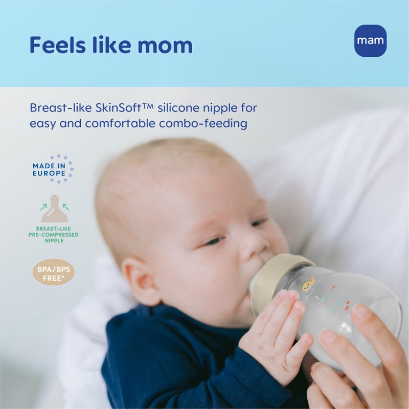 MAM 9oz Premium Glass Wide Neck Baby Bottle with Medium Flow Breastfeeding-Like Silicone Nipple, Easy to Clean, BPA Free, 2+ Months, Easy Switch Between Breast and Bottle, Made in Europe, 3 Pack - Image 2