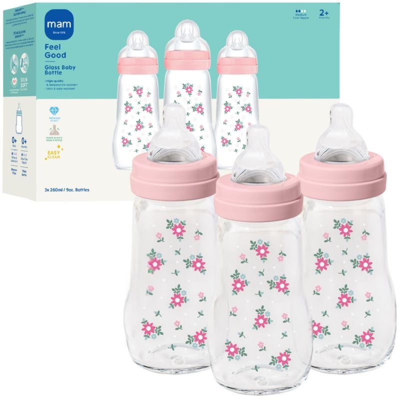 MAM 9oz Premium Glass Wide Neck Baby Bottle with Medium Flow Breastfeeding-Like Silicone Nipple, Easy to Clean, BPA Free, 2+ Months, Easy Switch Between Breast and Bottle, Made in Europe, 3 Pack - Image 1