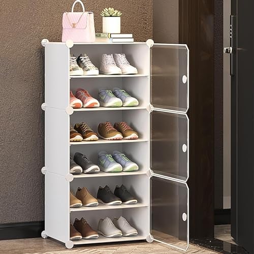 AYSIS DIY Plastic Shoe Rack with Door - 6-Shelf, 3-Door for Heels/Shoes - White - Entryway, Hallway, Bedroom, Living Room, Office - Image 1