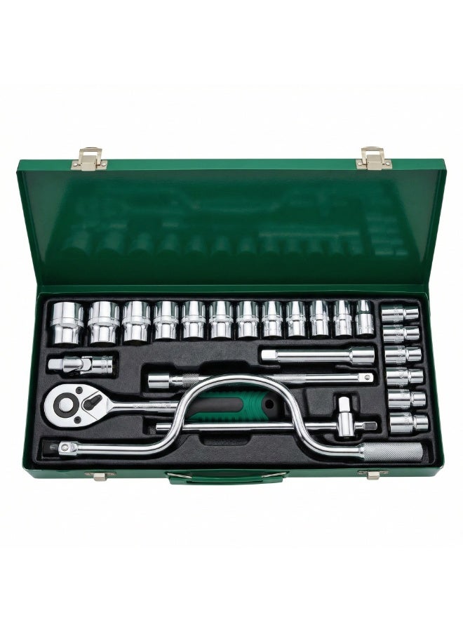Manful 24Pcs Socket Wrench Set with Ratchet Handle – Steel Socket Tool Kit with Extension Bars, Universal Joint & Metal Storage Case - Image 1