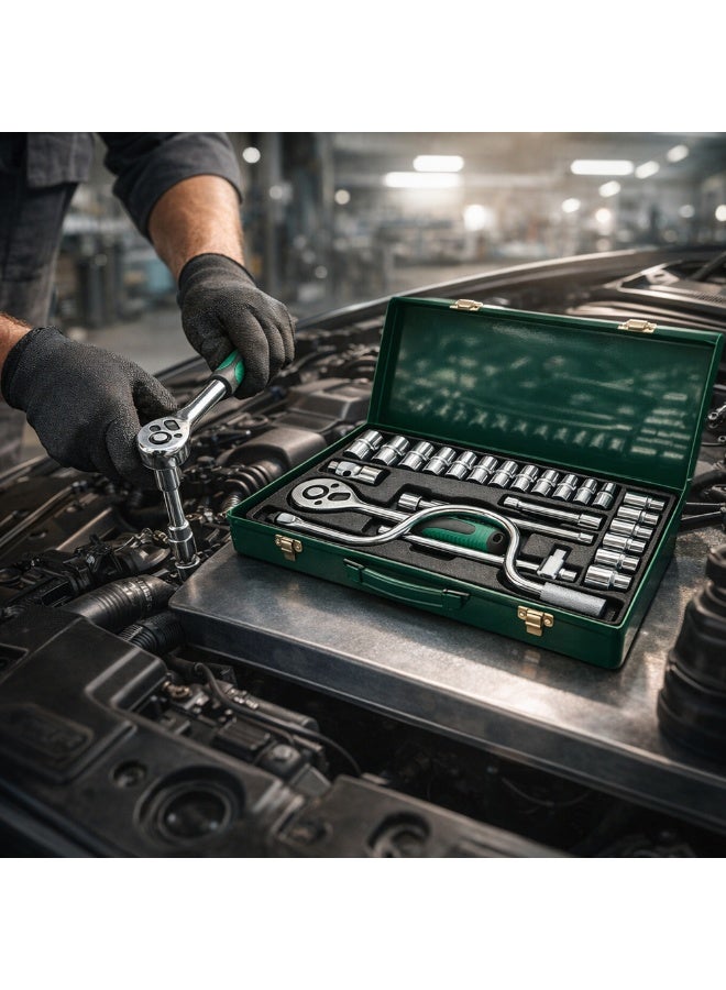 Manful 24Pcs Socket Wrench Set with Ratchet Handle – Steel Socket Tool Kit with Extension Bars, Universal Joint & Metal Storage Case - Image 4