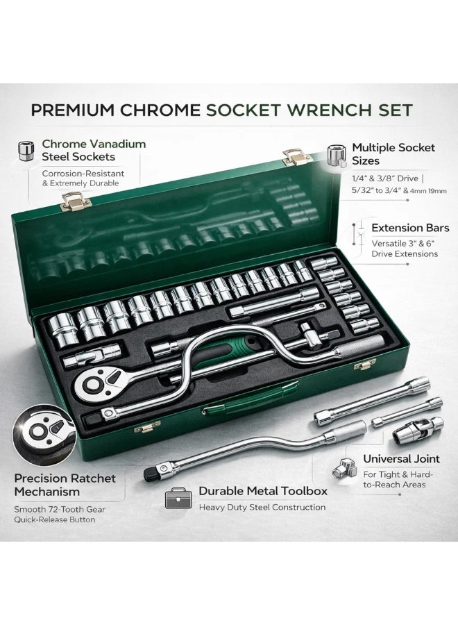 Manful 24Pcs Socket Wrench Set with Ratchet Handle – Steel Socket Tool Kit with Extension Bars, Universal Joint & Metal Storage Case - Image 5