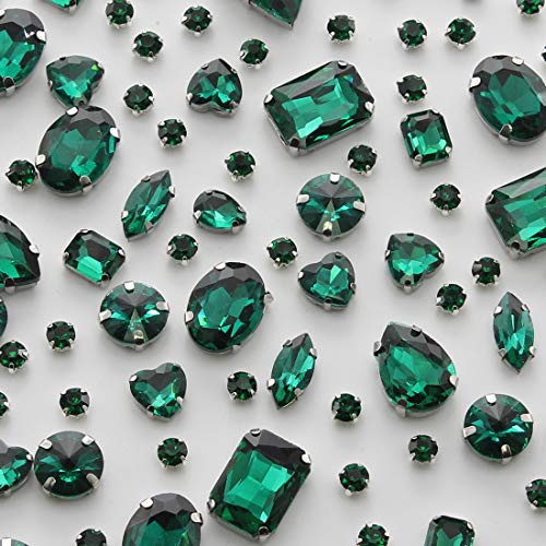 TANOSII Sew on Rhinestones 100 PCS Mixed Shapes Glass Rhinestones Sew on Crystal Gems Mental Flatback with Silver Claw for Jewelry Crafts Clothes Shoes Costume Garment Malachite Green