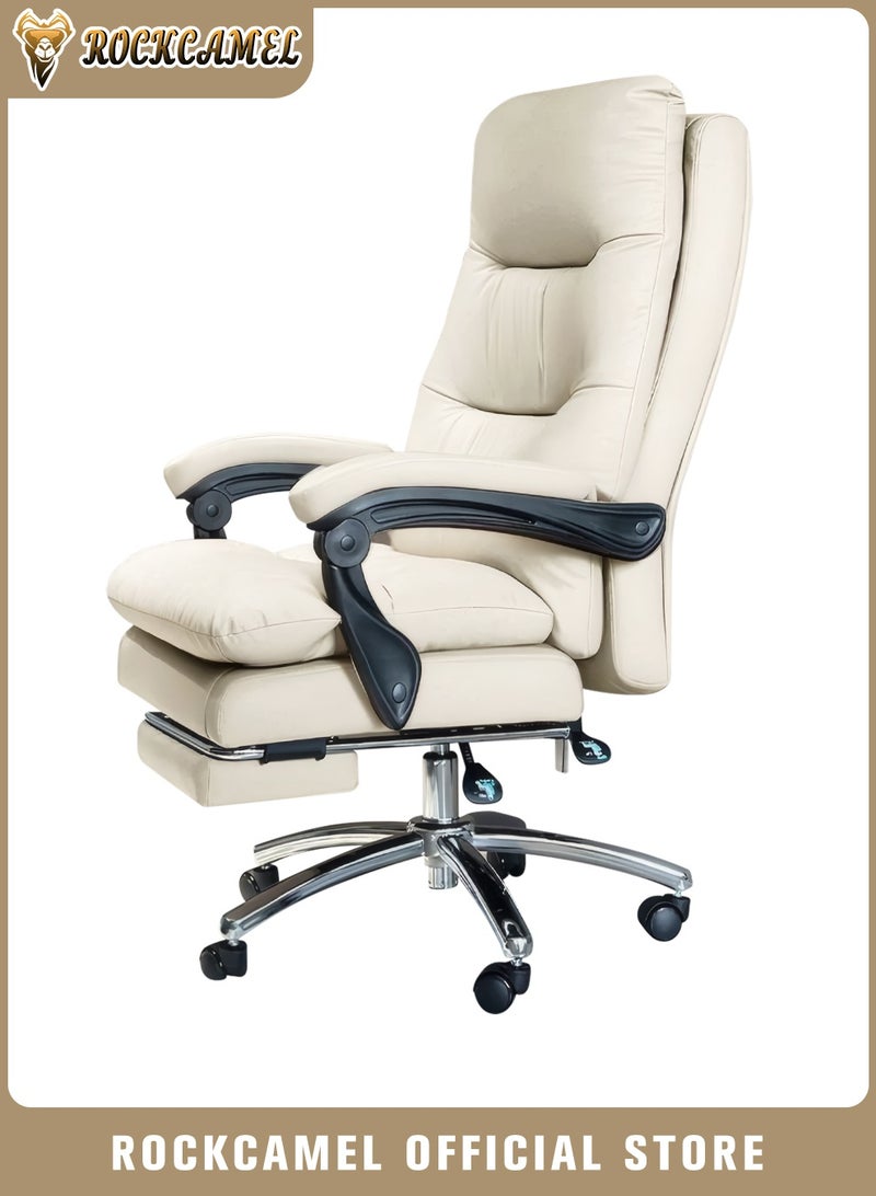 ROCKCAMEL Ergonomic Executive Office Chair/Boss Chair, High-Back PU Leather Desk Chair with Retractable Footrest, Steel Caster Base, Reclining Computer Gaming Chair for Boss, Manager, Home Office, and Lounge, White - Image 1