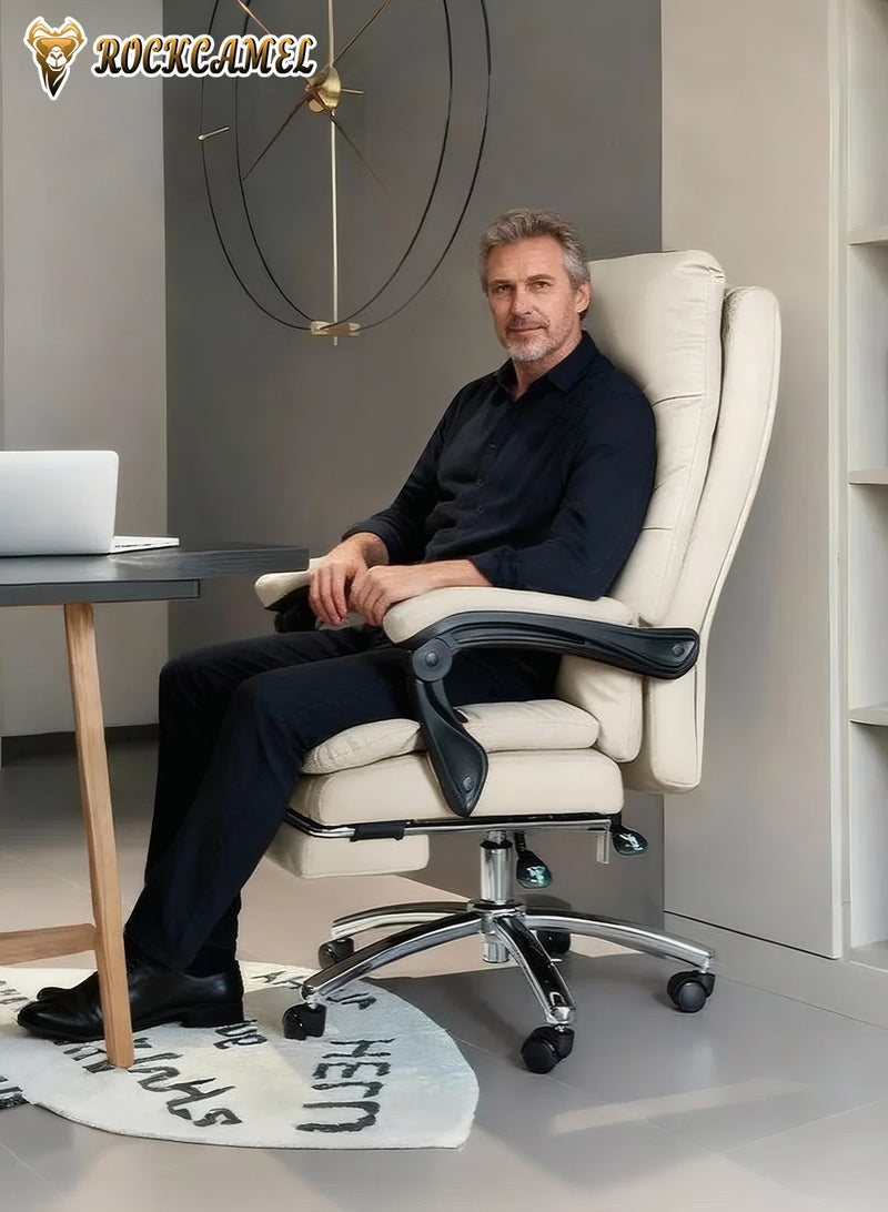 ROCKCAMEL Ergonomic Executive Office Chair/Boss Chair, High-Back PU Leather Desk Chair with Retractable Footrest, Steel Caster Base, Reclining Computer Gaming Chair for Boss, Manager, Home Office, and Lounge, White - Image 3