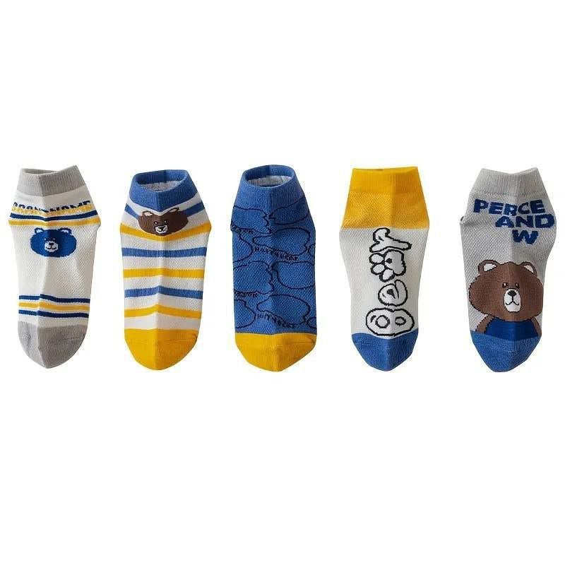 SMARTEDGE Cartoon Print Short Socks, Cute Simple Summer Low Cut Ankle Length Socks for Boys, New Design, Fits Sizes 6-10 Years, 5 Pairs with 1 Gift, Multicolor