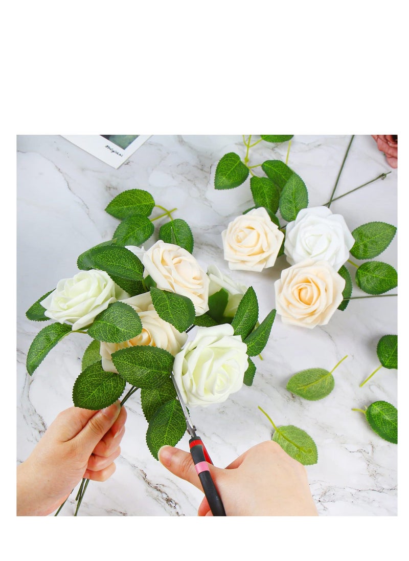 XiuWoo - 100Pcs Artificial Rose Leaves, Fake Flower Leaves Faux Silk Green for Wedding Bouquets Birthday Party Centerpieces - Image 1
