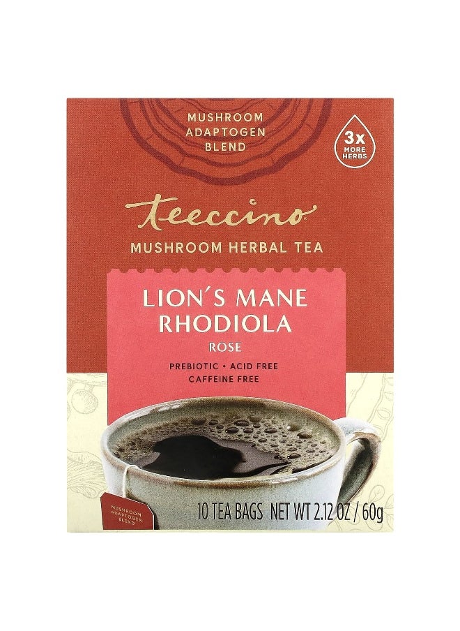 teeccino - Teeccino, Mushroom Herbal Tea, Lion's Mane Rhodiola, Rose, Caffeine Free, 10 Tea Bags, 2.12 oz (60 g) - Image 1