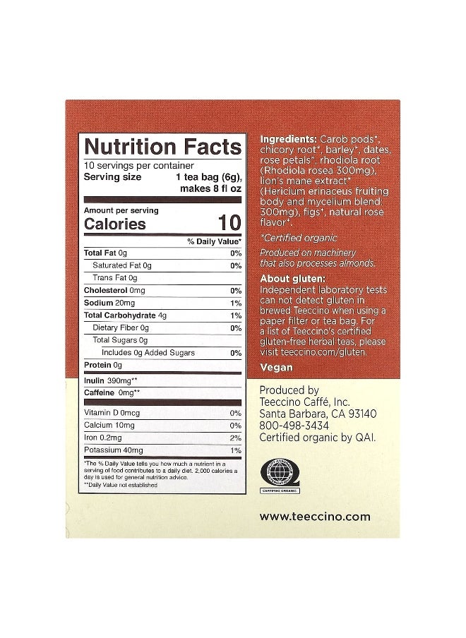 teeccino - Teeccino, Mushroom Herbal Tea, Lion's Mane Rhodiola, Rose, Caffeine Free, 10 Tea Bags, 2.12 oz (60 g) - Image 1
