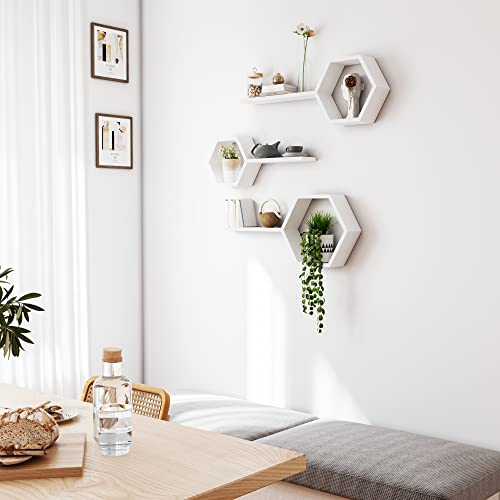 LUDORU Wooden Hexagon Floating Shelves Wall Mounted - Set of 6 Pine Wood Hexagon Shelves Display for Photos,Plants,Rustic Honeycomb Shelves for Living Room, Bedroom,Bathroom, Kitchen, Office, White. - Image 4