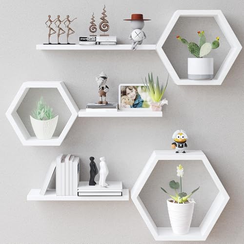 LUDORU Wooden Hexagon Floating Shelves Wall Mounted - Set of 6 Pine Wood Hexagon Shelves Display for Photos,Plants,Rustic Honeycomb Shelves for Living Room, Bedroom,Bathroom, Kitchen, Office, White. - Image 1