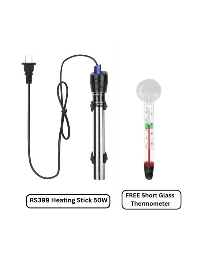 RS Electrical RS399 - 50W Steel Heating Stick Immersion Aquarium Heater With FREE Short Glass Thermometer - Image 1