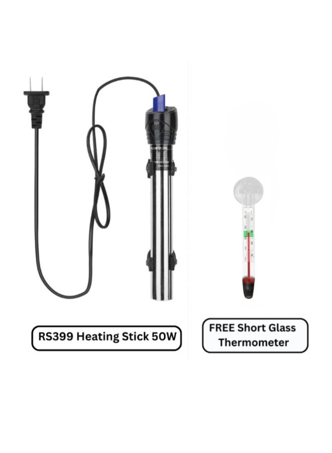 RS Electrical RS399 - 50W Steel Heating Stick Immersion Aquarium Heater With FREE Short Glass Thermometer - Image 1