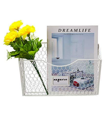 PAG 3 Pockets Hanging File Holder Wall Mount Mail Organizer Metal Chicken Wire Magazine Rack with Tag Slot, White - Image 2