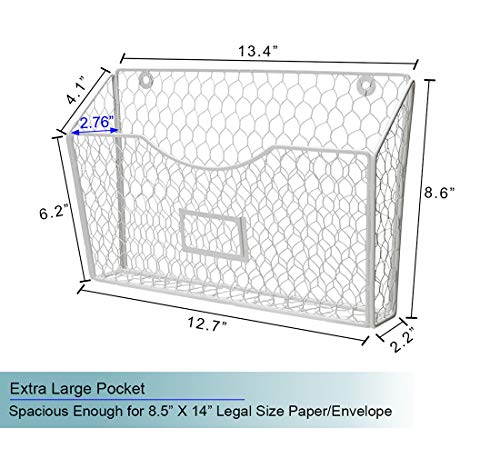 PAG 3 Pockets Hanging File Holder Wall Mount Mail Organizer Metal Chicken Wire Magazine Rack with Tag Slot, White - Image 4