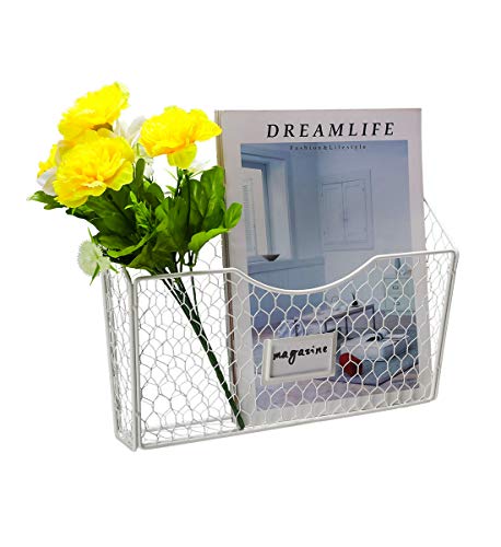 PAG 3 Pockets Hanging File Holder Wall Mount Mail Organizer Metal Chicken Wire Magazine Rack with Tag Slot, White - Image 3