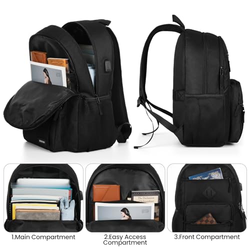 BIKROD Black Backpack for Men and Women, Backpack for School Teens Boys and Girls, Lightweight Casual High School Bookbag, Daily-use Travel Laptop Backpack with USB Charging Port Fits 17.3 Inch Notebook - Image 2