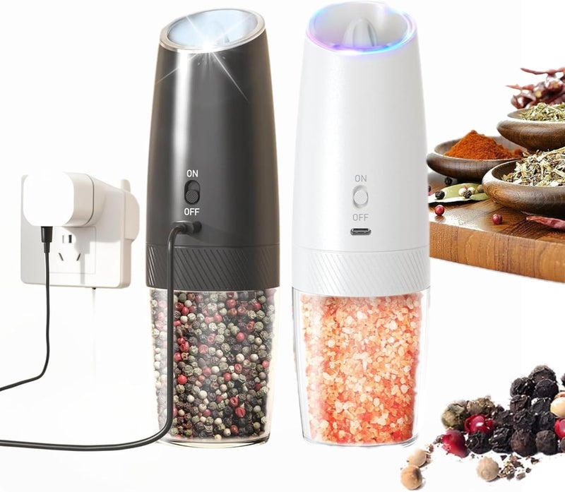 PEIPU Electric Pepper and Salt Grinder, Seasoning Mill，Adjustable Coarseness,with LED Light,One Hand Automatic Operation, Stainless Steel (RE-BlackWhte, 2Pack) - Image 1