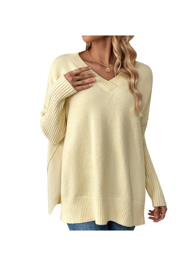 NIBEMINENT Women's  Sweaters Long Sleeve Ribbed V Neck Solid Color Side Split Knitwear Pullovers Loose Fit Jumper Tops Streetwear - Image 1