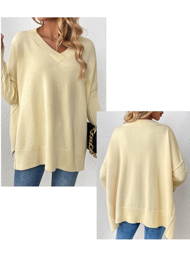 NIBEMINENT Women's  Sweaters Long Sleeve Ribbed V Neck Solid Color Side Split Knitwear Pullovers Loose Fit Jumper Tops Streetwear - Image 2