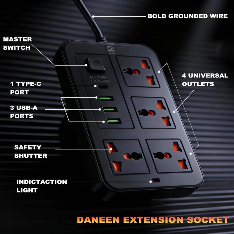 DANEEN 5-Way Universal Power Extension cord Socket | 5M 3 Core Cable, Individual Switches, 10A Fused UK 3 PIN Plug,2500W capacity| White Surge Earthing capable Outlet Strip - Image 3