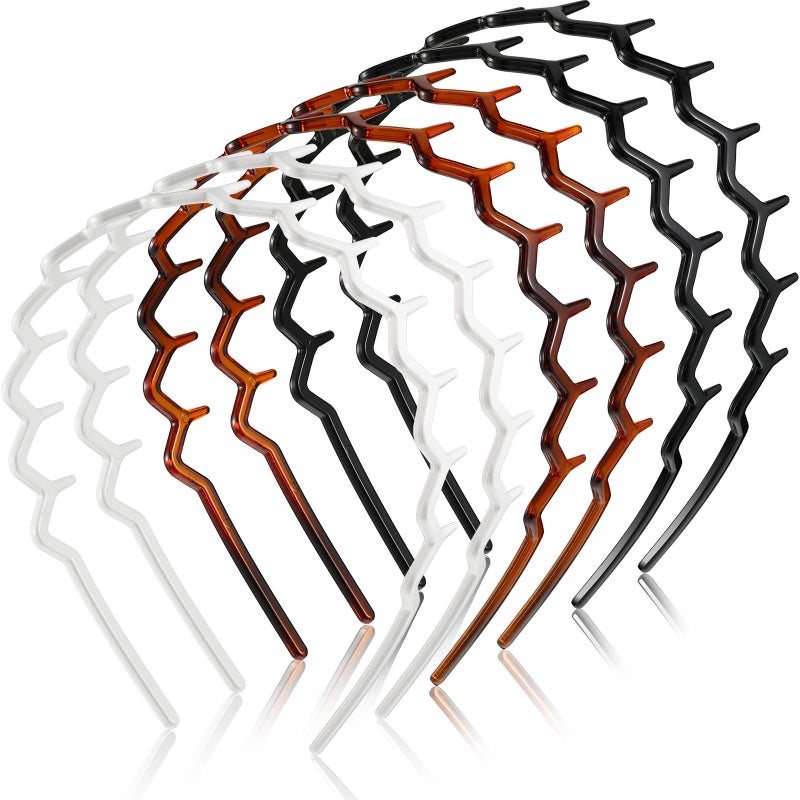 Chuangdi 6 Pieces Zigzag Headband for Thick Curly Hair Plastic Shark Tooth Comb Zig Zag Headband Plastic Wavy Teeth Hair Hoop Accessory for Women Men Lady(Black, White, Brown) - Image 1
