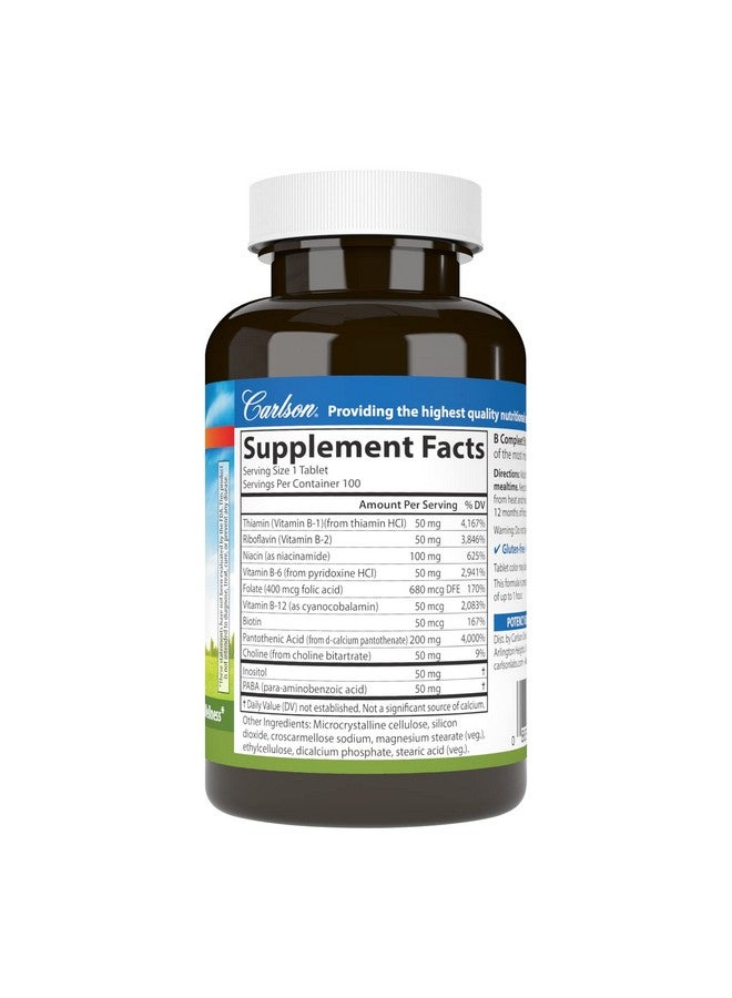 Carlson - B Compleet 50, Balanced Vitamin B Complex, Energy Production, Cellular Support & Optimal Wellness, 100 Tablets - Image 2