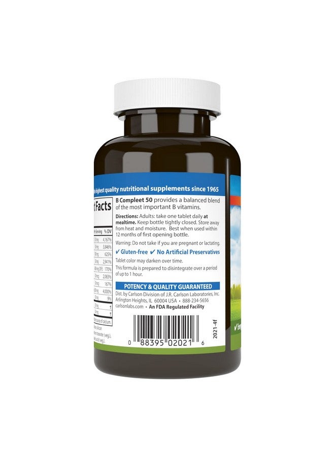 Carlson - B Compleet 50, Balanced Vitamin B Complex, Energy Production, Cellular Support & Optimal Wellness, 100 Tablets - Image 3