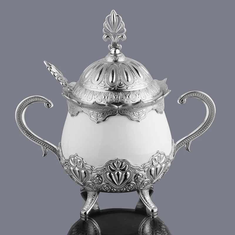İhvan Online Ihvan Online Luxury Porcelain Sugar Bowl with Lid and Spoon Turkish Delight Bowl Silver