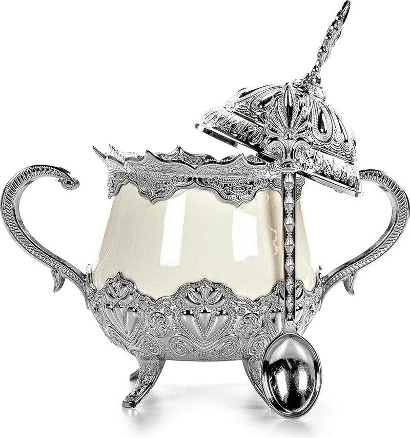 İhvan Online Ihvan Online Luxury Porcelain Sugar Bowl with Lid and Spoon Turkish Delight Bowl Silver