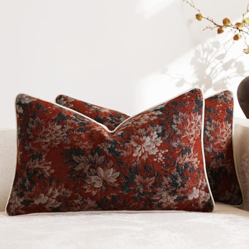 DEZENE Pack of 2 Vintage Floral Pillow Covers 12x20 Boho Farmhouse Accents Chenille Rectangular Lumbar Decorative Throw Pillow Cases for Living Room Couch Bed Home Decor Rust - Image 1