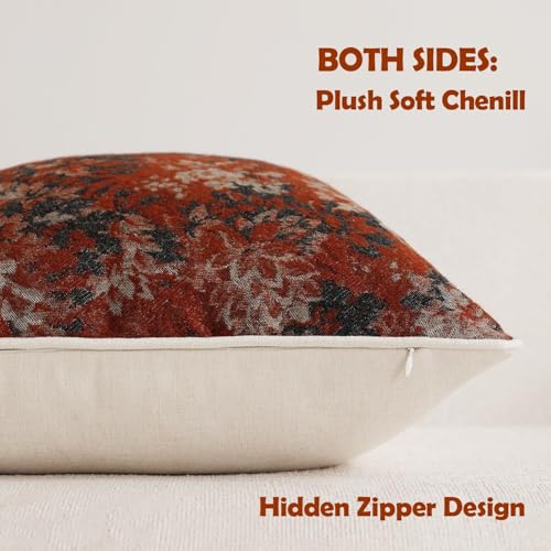 DEZENE Pack of 2 Vintage Floral Pillow Covers 12x20 Boho Farmhouse Accents Chenille Rectangular Lumbar Decorative Throw Pillow Cases for Living Room Couch Bed Home Decor Rust - Image 3