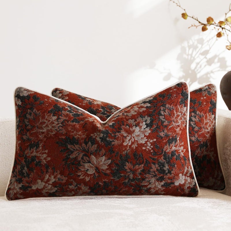 DEZENE Pack of 2 Vintage Floral Pillow Covers 12x20 Boho Farmhouse Accents Chenille Rectangular Lumbar Decorative Throw Pillow Cases for Living Room Couch Bed Home Decor Rust - Image 2